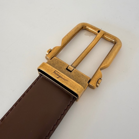 Salvatore Ferragamo Dark Brown Leather Belt Strap with Embossed Logo